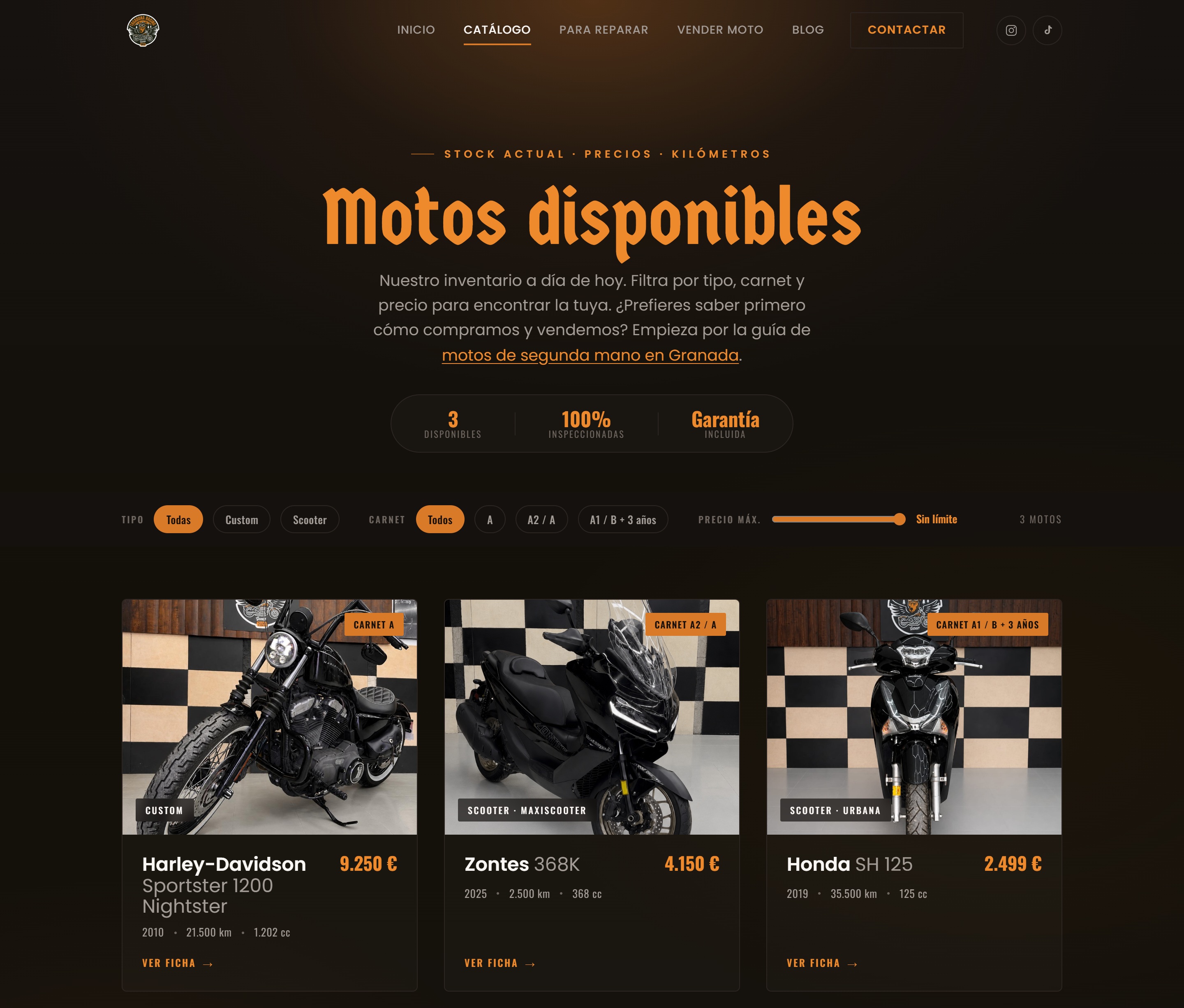 Catálogo con filtros por tipo, carnet y precio, y tres motos disponibles con su precio y kilómetros