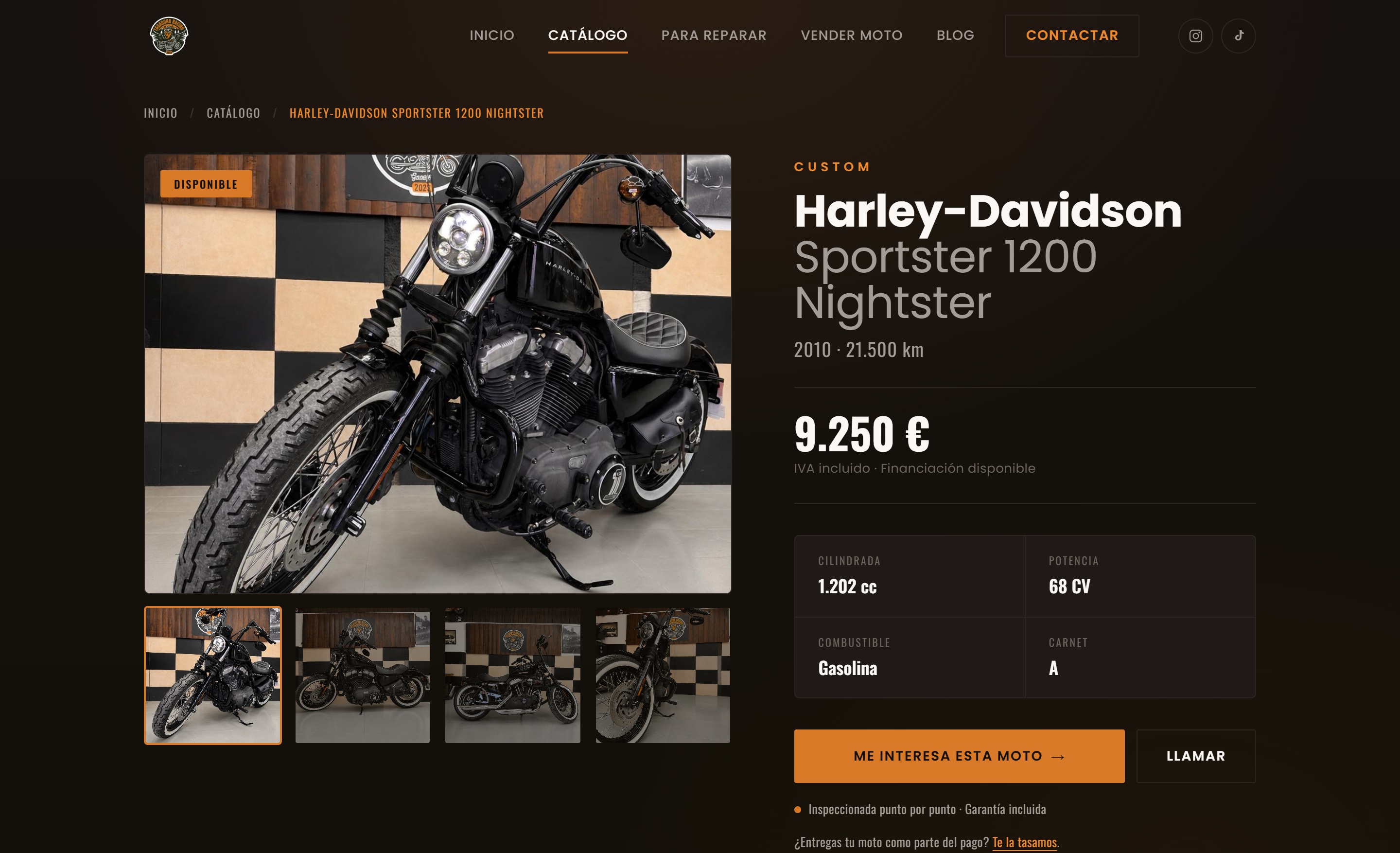 Ficha de una Harley-Davidson Sportster con galería, precio, datos técnicos y botones de contacto